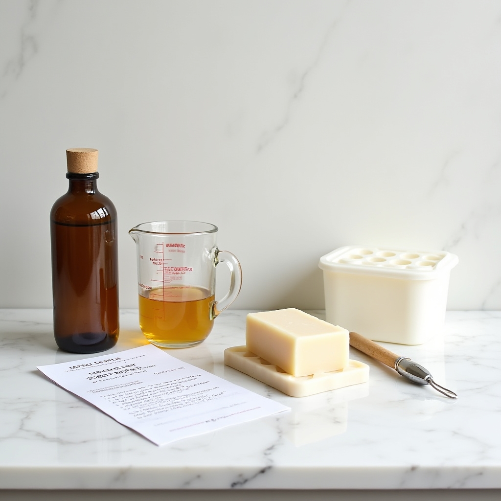Beginner soap making kit with basic oils, lye, and simple mold on wooden surface