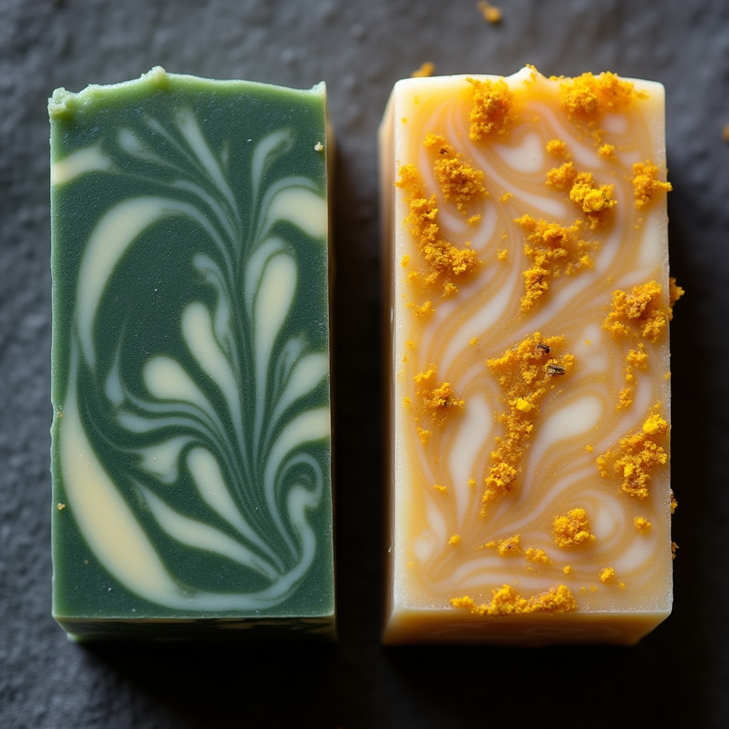 Artistic cold process soap with botanical swirl patterns in earthy green and cream tones