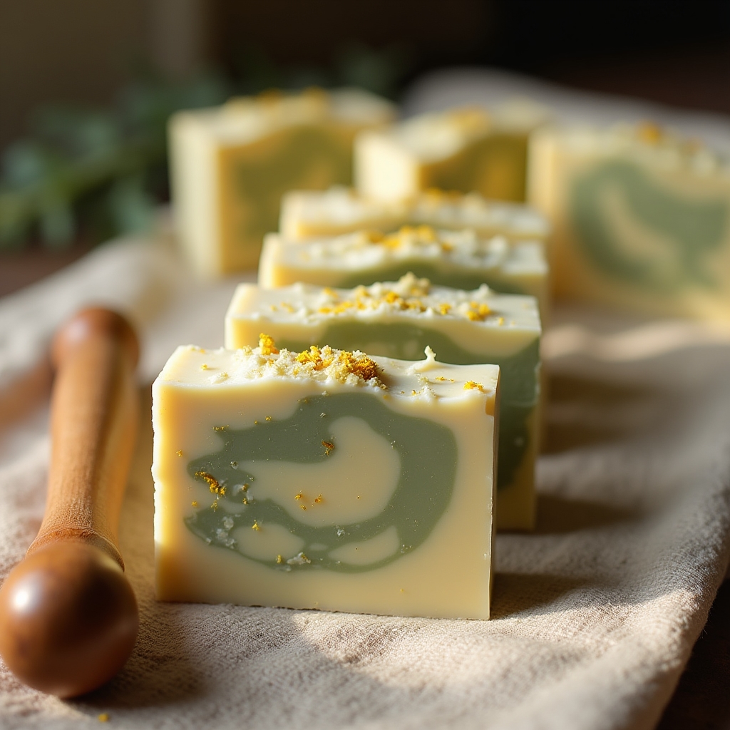 Freshly cut cold process soap bars showing swirl patterns and natural colorants