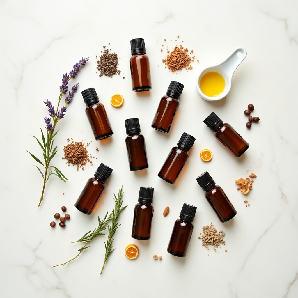 Collection of essential oil bottles arranged with dried botanicals and measuring tools on marble surface