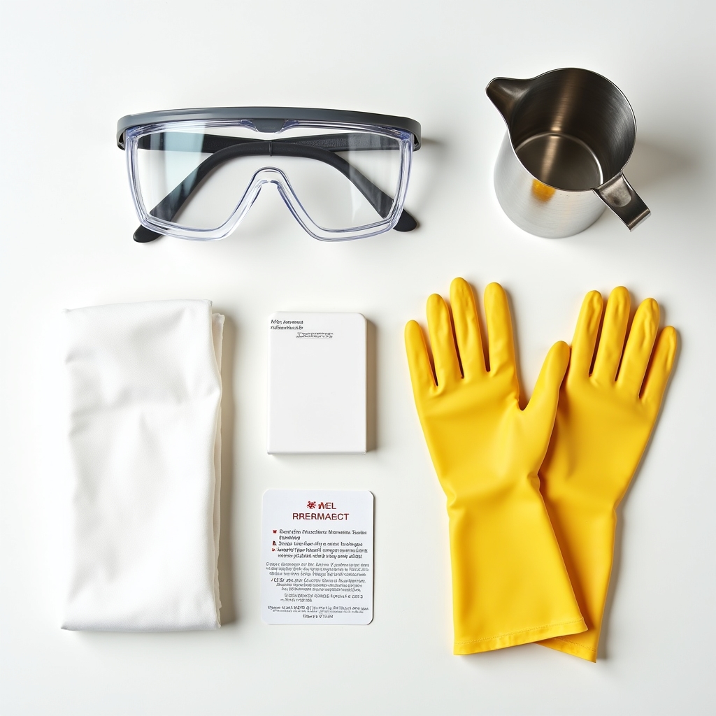Safety equipment for soap making including gloves, goggles, and protective apron laid out on clean surface
