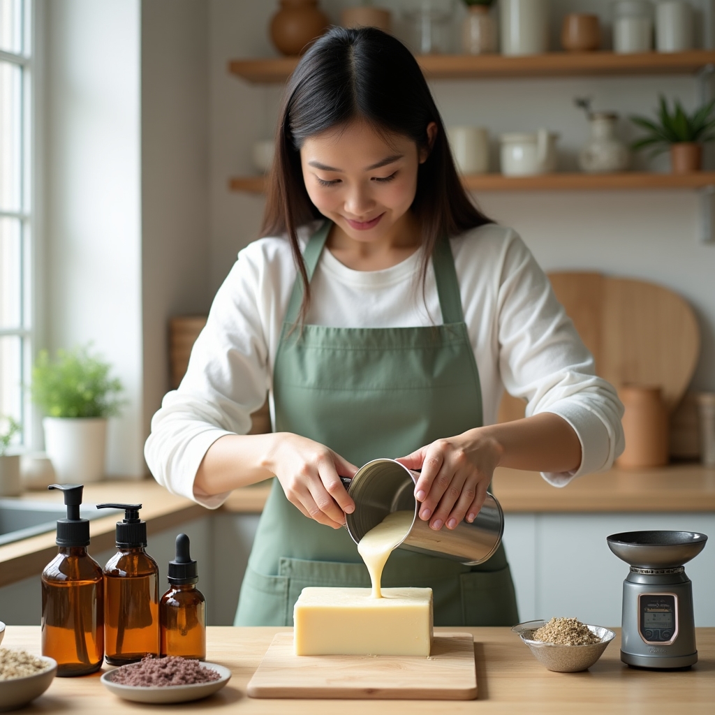 Artisan soap making workspace with natural ingredients