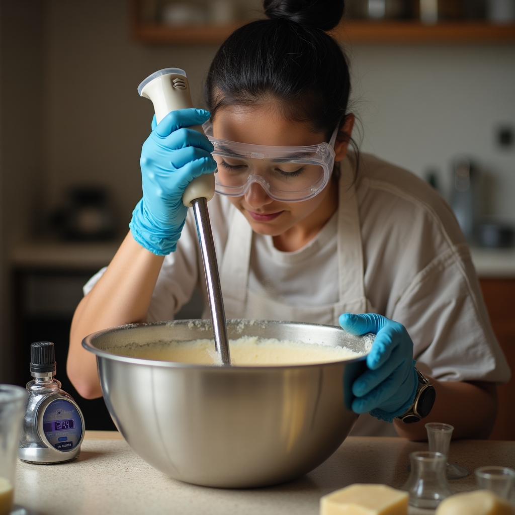Step by step soap making process showing oils being poured into lye solution in stainless steel bowl